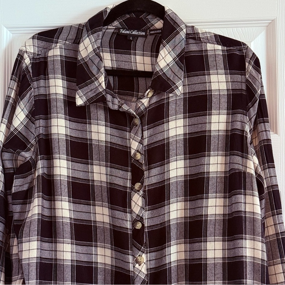 Tolani Plaid and Contrast Print Button Down Shirt Large - Picture 5 of 16